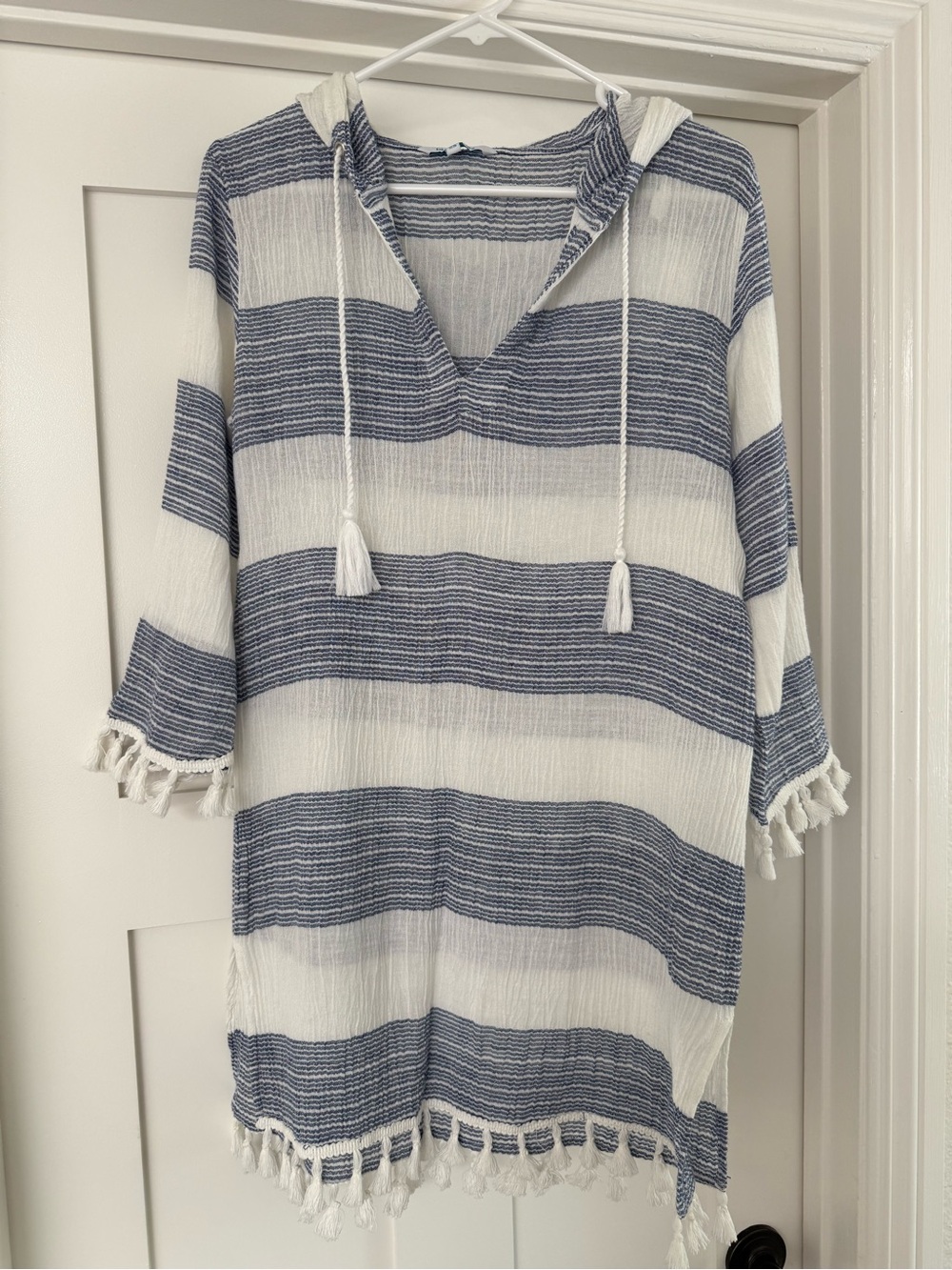 blue island White and Navy Striped Hooded Beach cover-up or top